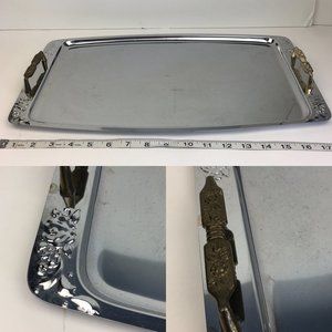 Vtg Rectangle Metal Serving Decor Tray w Gold‎ Color Handles Flower Roses Floral